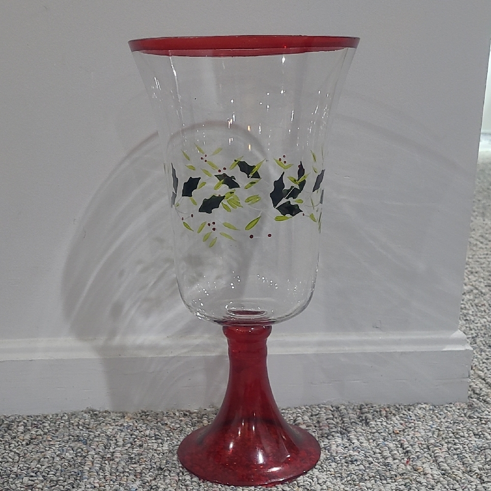 Red and Green Holly Decorative Glass Goblet Style Vase